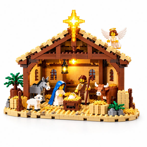 Nativity Scene Building Block Set with Light-Up Star and Stable