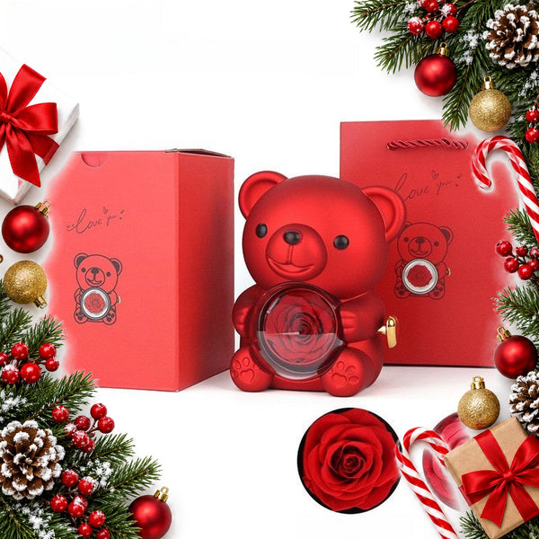 Teddy Bear Preserved Rose Jewellery Box with Gift Bag