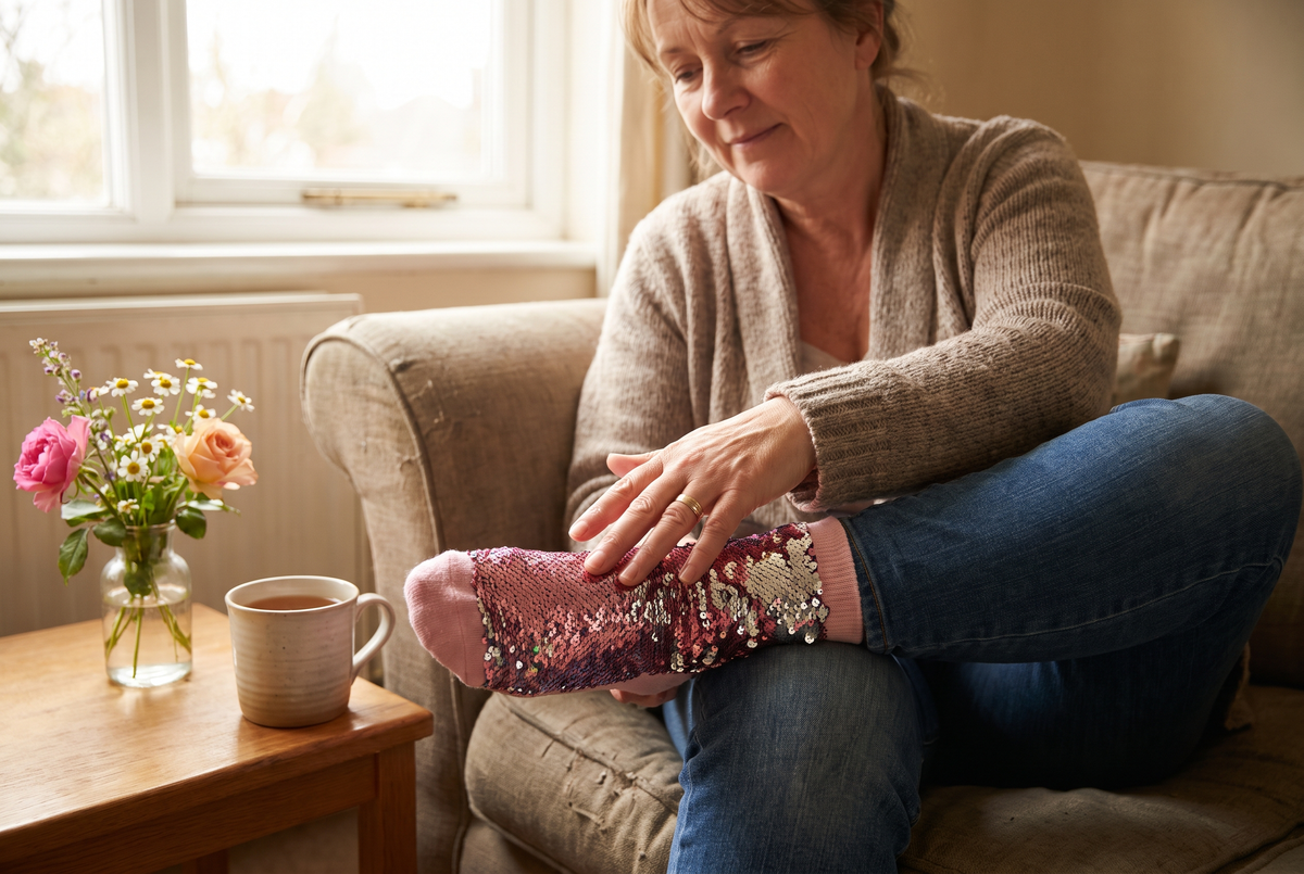 Mains d'une femme brossant les paillettes d'une chaussette posée sur ses genoux, à côté d'une tasse de thé et de fleurs