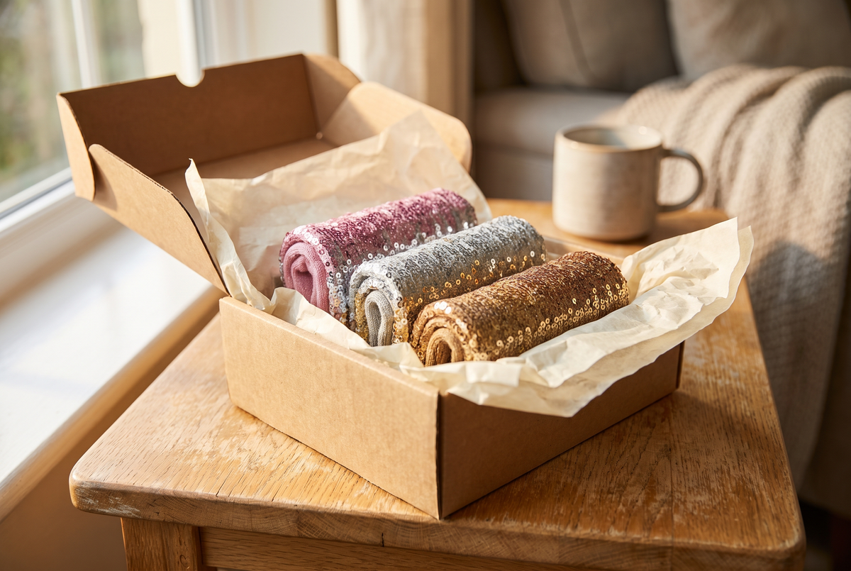 Coffret cadeau ouvert contenant plusieurs paires de chaussettes à paillettes colorées sur une table en bois