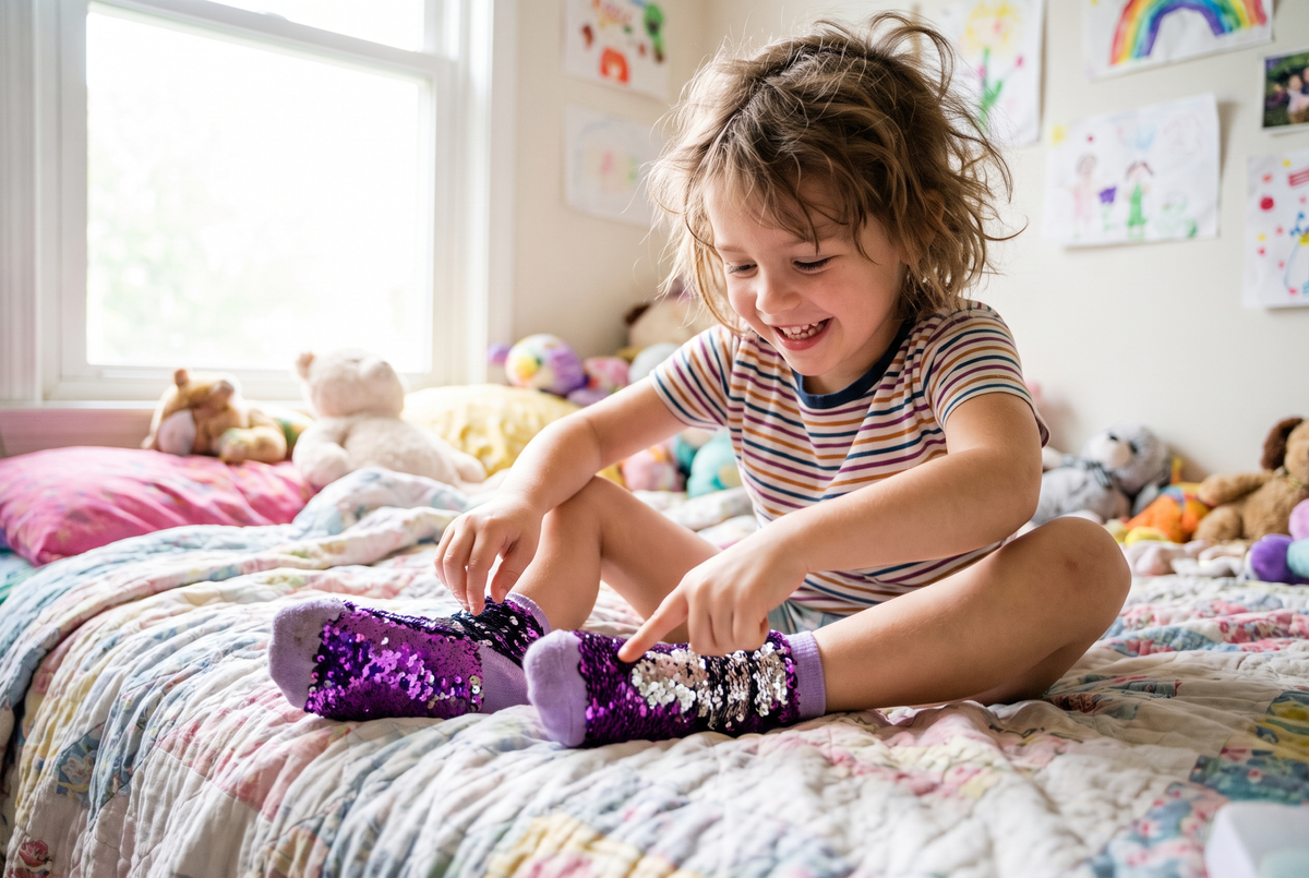 Enfant d'environ six ans assis sur un lit, qui brosse du doigt les paillettes de ses chaussettes violettes