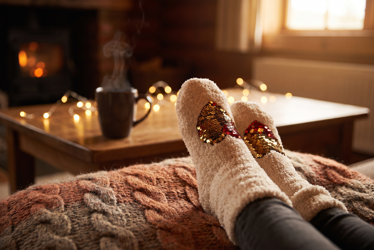 Pieds posés sur un plaid en laine près d'une tasse fumante, chaussés de chaussettes moumoute douces ornées de paillettes