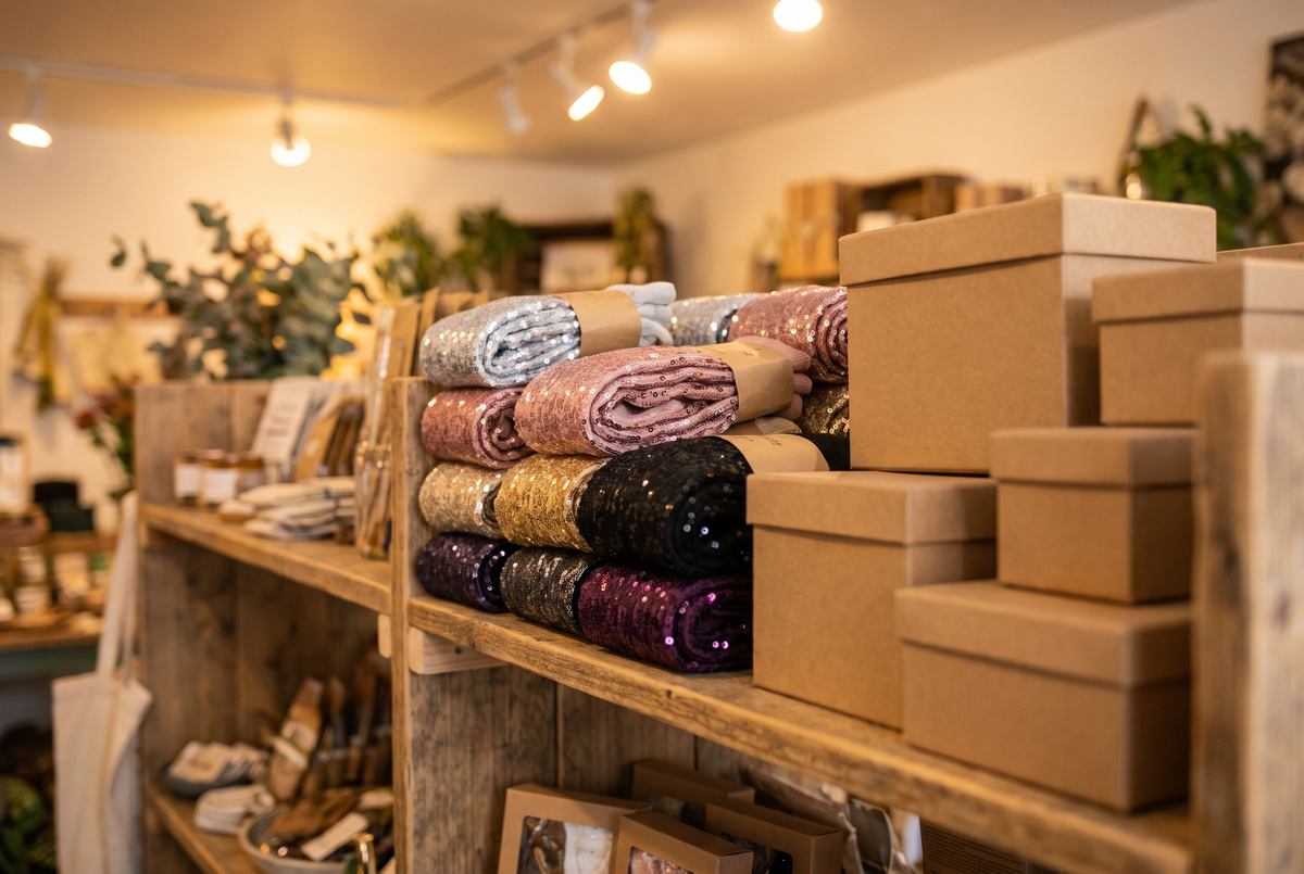 Étagère de boutique cadeaux garnie de chaussettes à paillettes de plusieurs couleurs, roulées et rangées par teinte, à côté de coffrets unis
