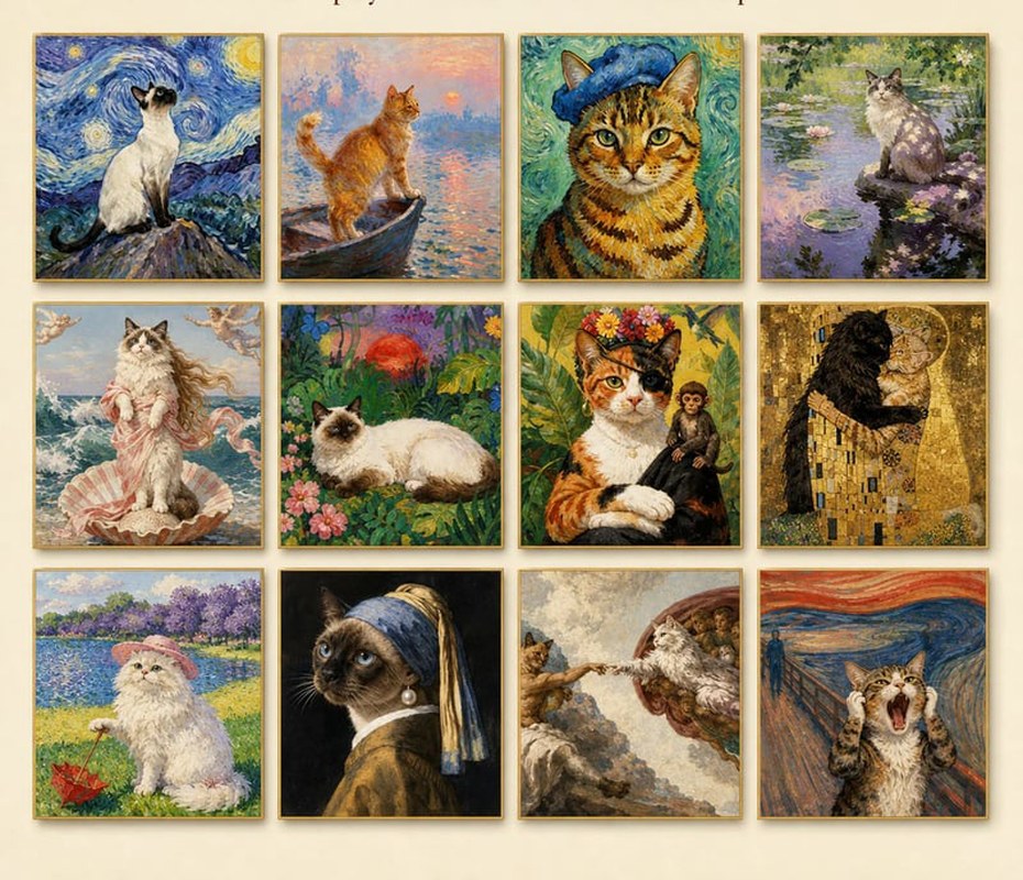 Twelve masterpieces, one very curious cat