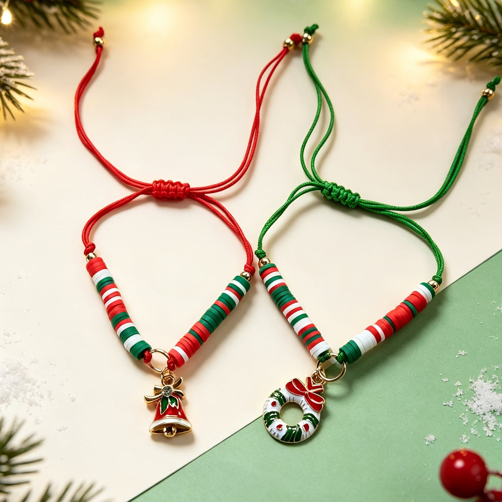 Christmas Charm Bracelets Set of 12 – Adjustable Clay Bead Bracelets