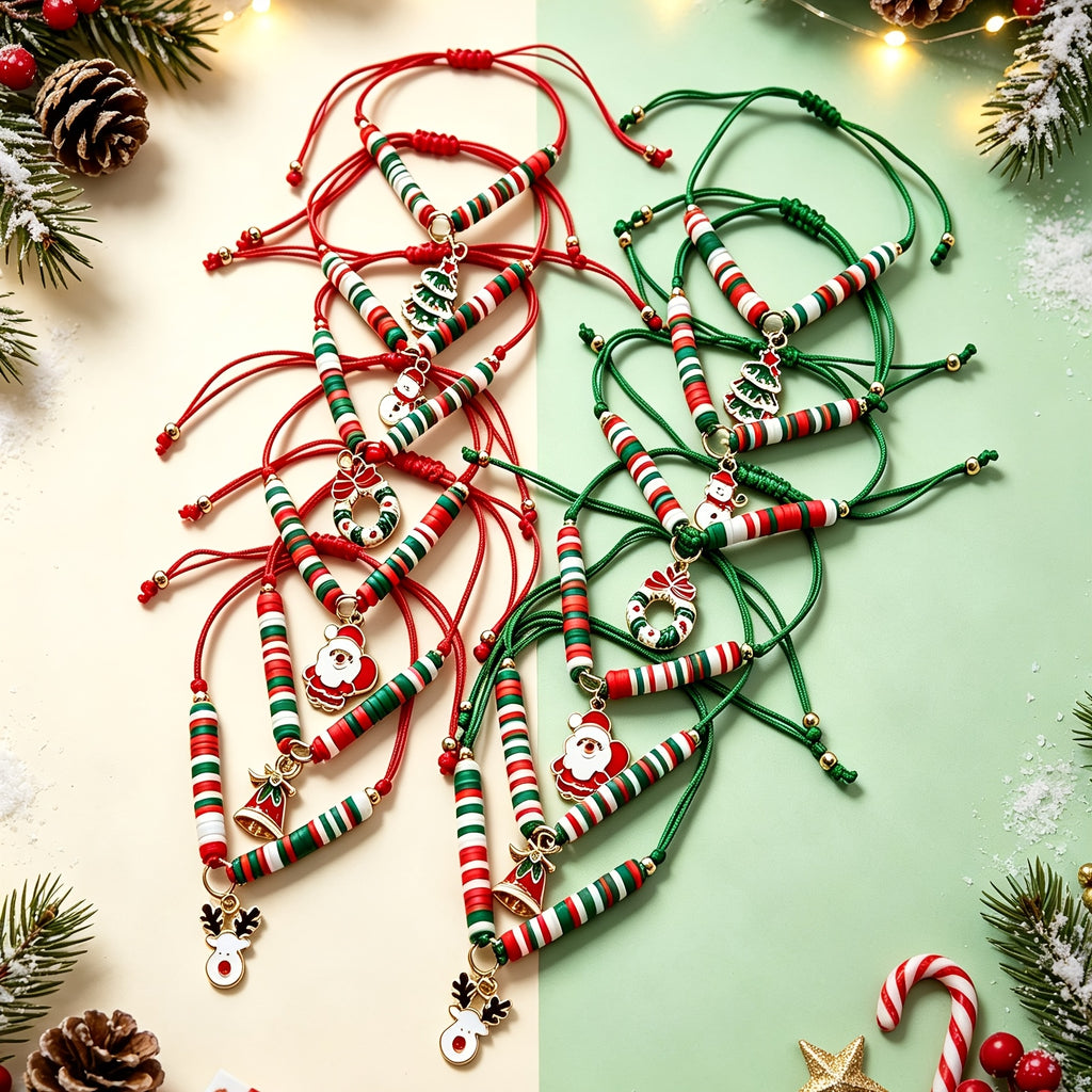 Christmas Charm Bracelets Set of 12 – Adjustable Clay Bead Bracelets