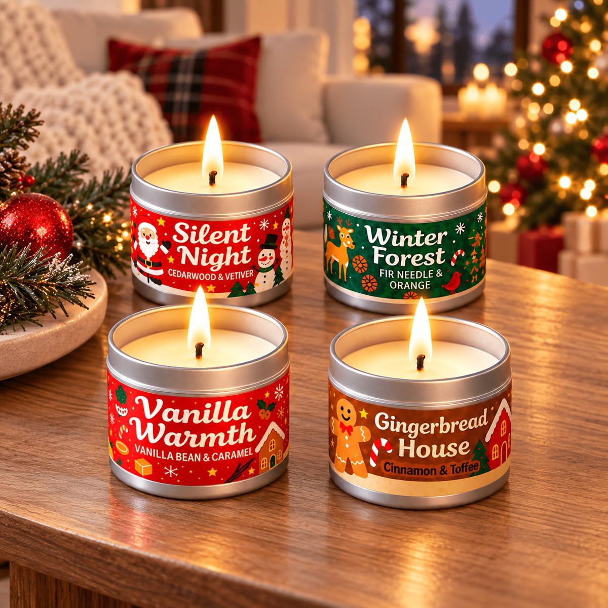 Christmas Scented Soy Candle Tins Gift Set of 4