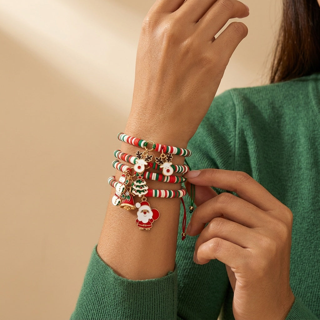 Christmas Charm Bracelets Set of 12 – Adjustable Clay Bead Bracelets