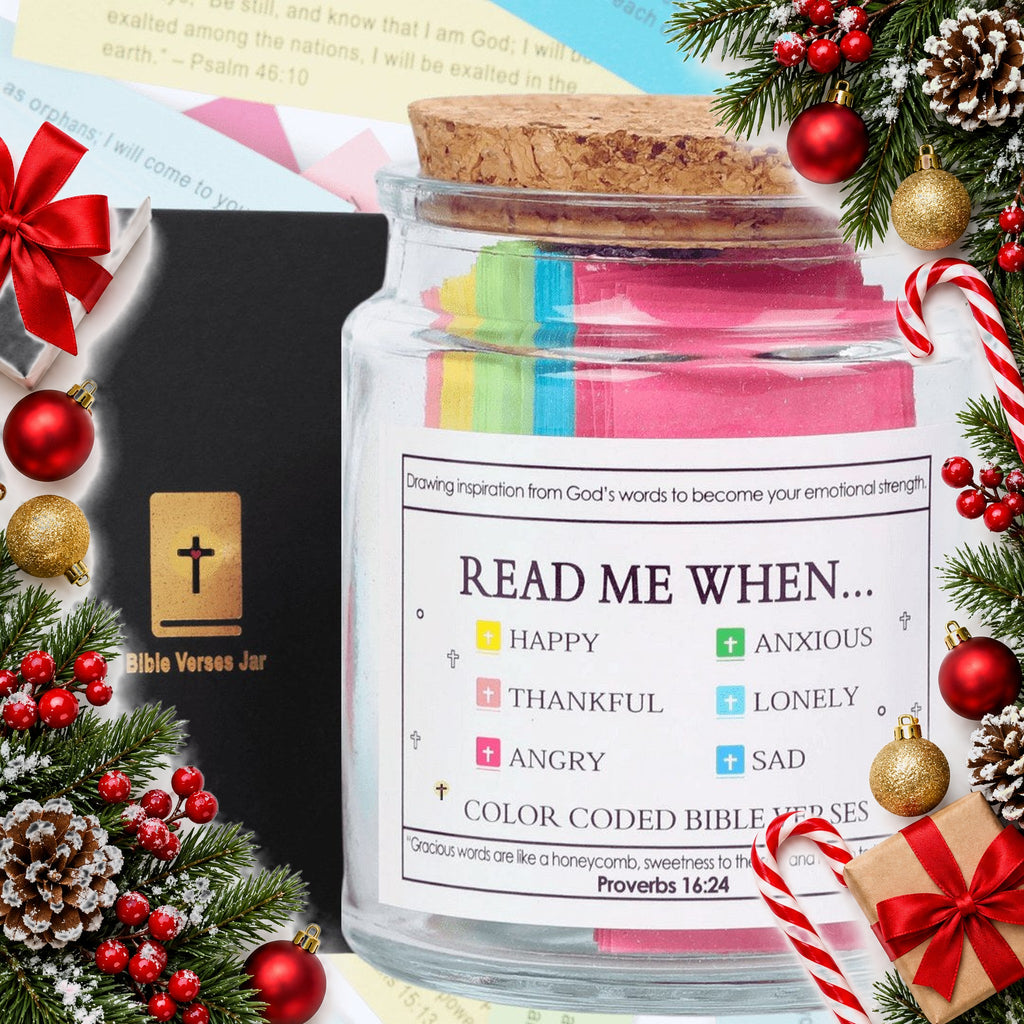 bible verse jar with 90 colour coded verse scrolls in a gift box — Christmas stocking filler gift