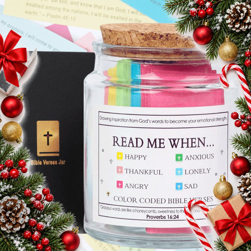 bible verse jar with 90 colour coded verse scrolls in a gift box — Christmas stocking filler gift