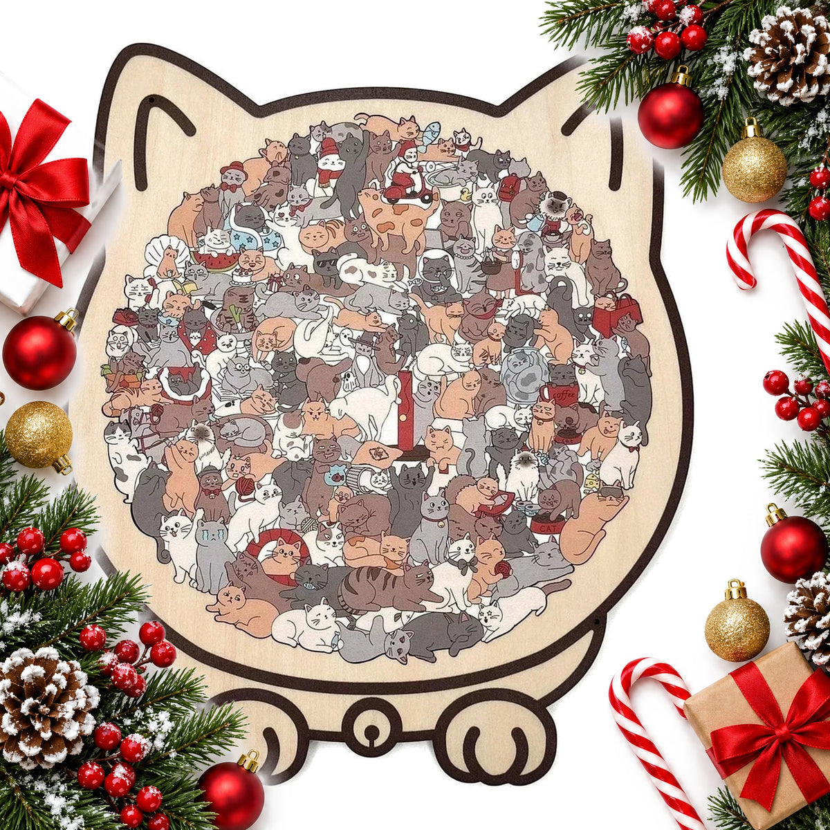 cat shaped wooden jigsaw puzzle with 135 cat pieces and gift box — Christmas stocking filler gift