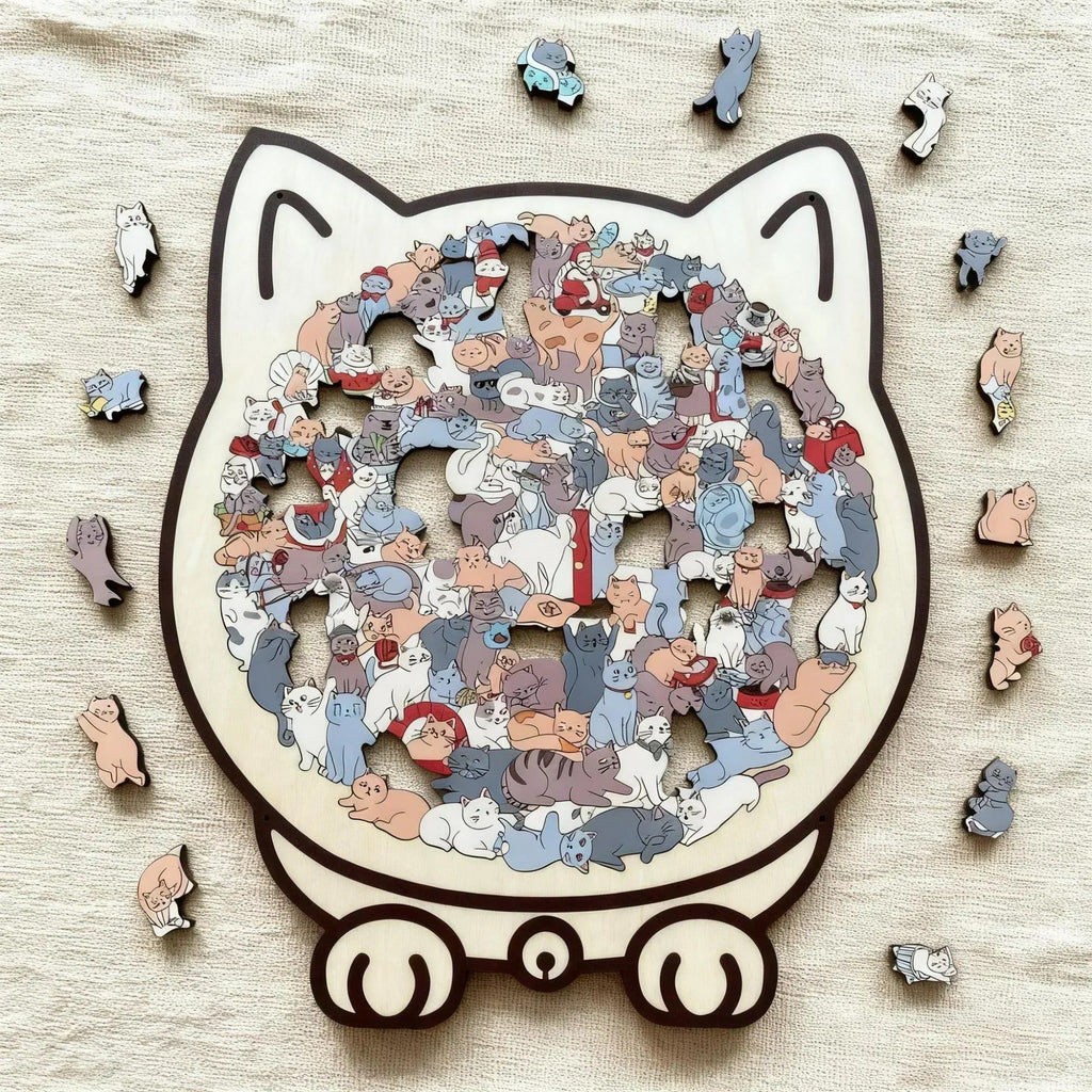 Cat-Shaped Wooden Jigsaw Puzzle with 135 Cat Pieces and Gift Box