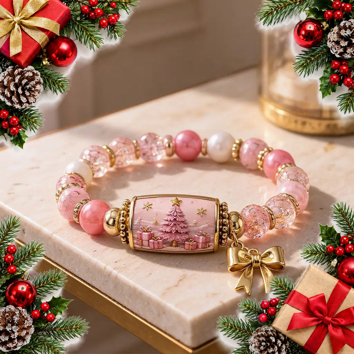 christmas beaded charm bracelet festive scene and dangling charm — Christmas stocking filler gift