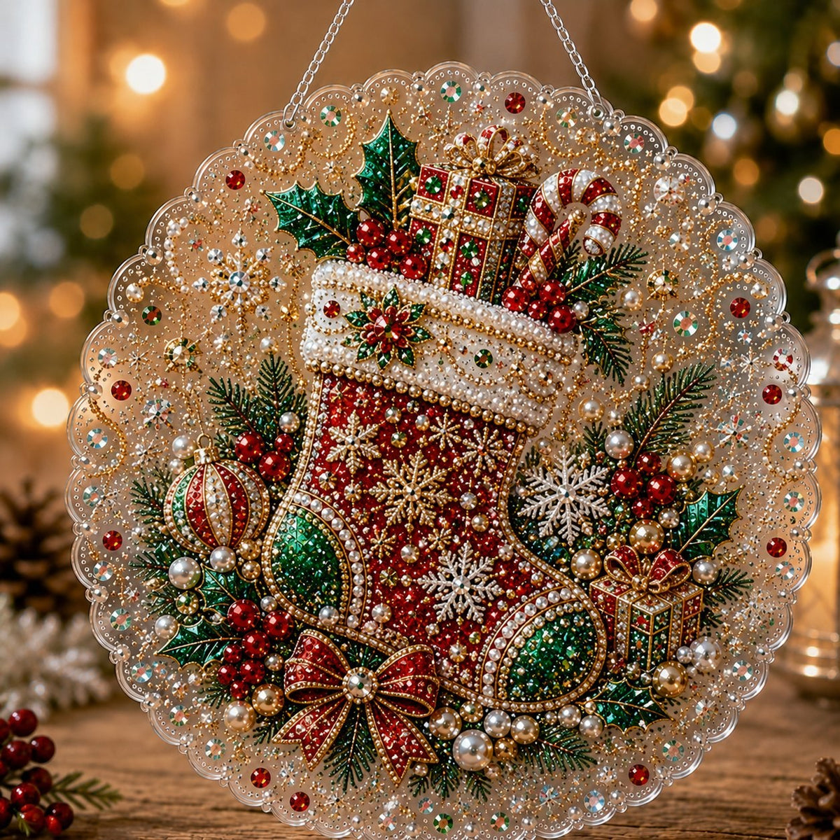 Christmas Diamond Art Hanging Ornament Kit with Pearl Beads