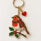 Christmas Robin Enamel Keyring and Bag Charm with Tartan Scarf