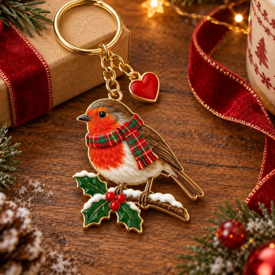 Christmas Robin Enamel Keyring and Bag Charm with Tartan Scarf