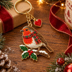 Christmas Robin Enamel Keyring and Bag Charm with Tartan Scarf