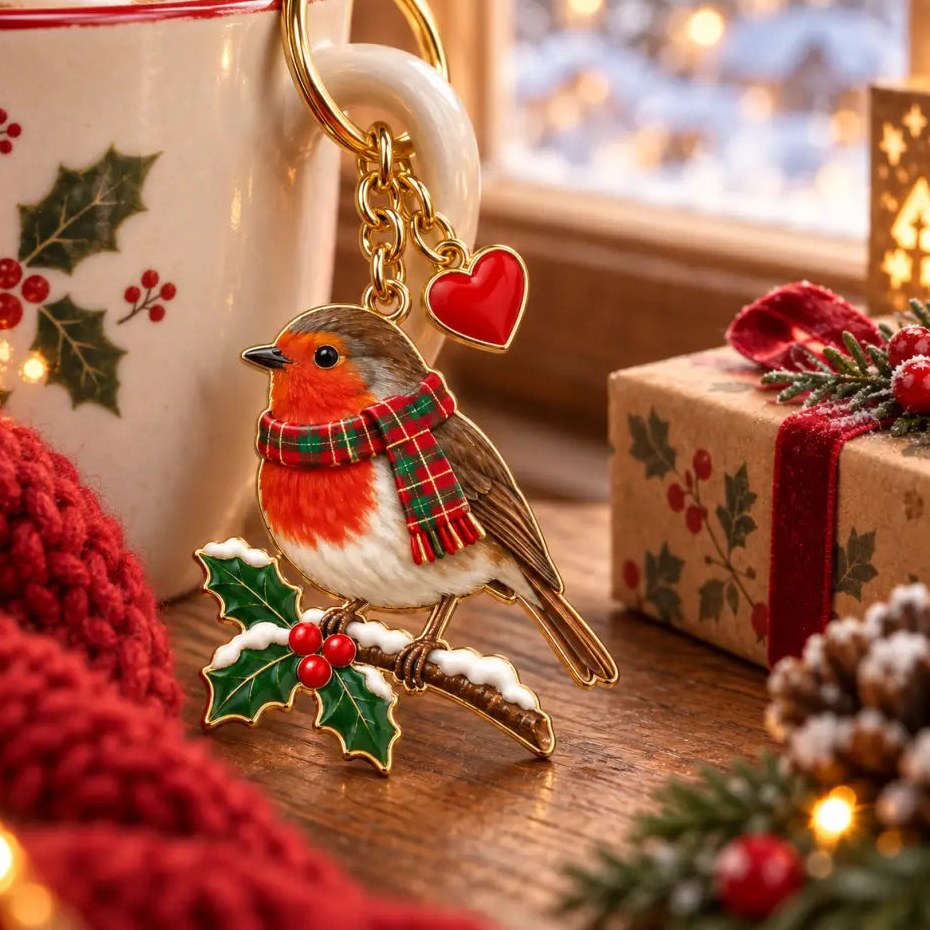Christmas Robin Enamel Keyring and Bag Charm with Tartan Scarf