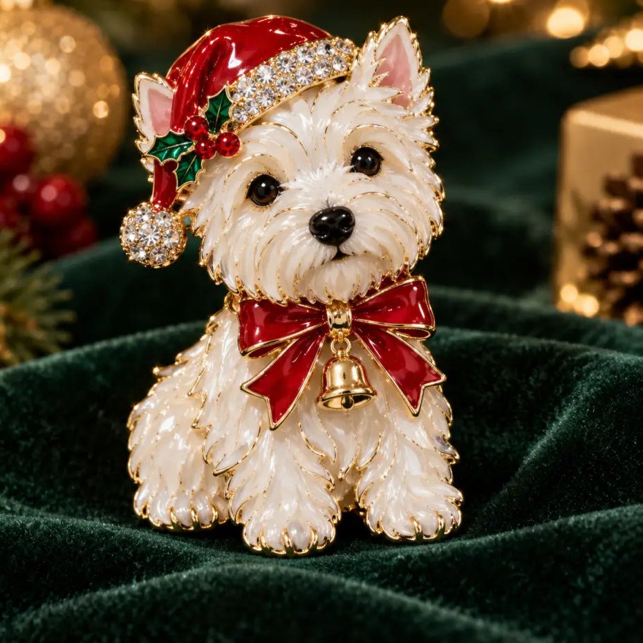 Christmas Westie or Yorkie Dog Brooch, Santa Hat Enamel Pin