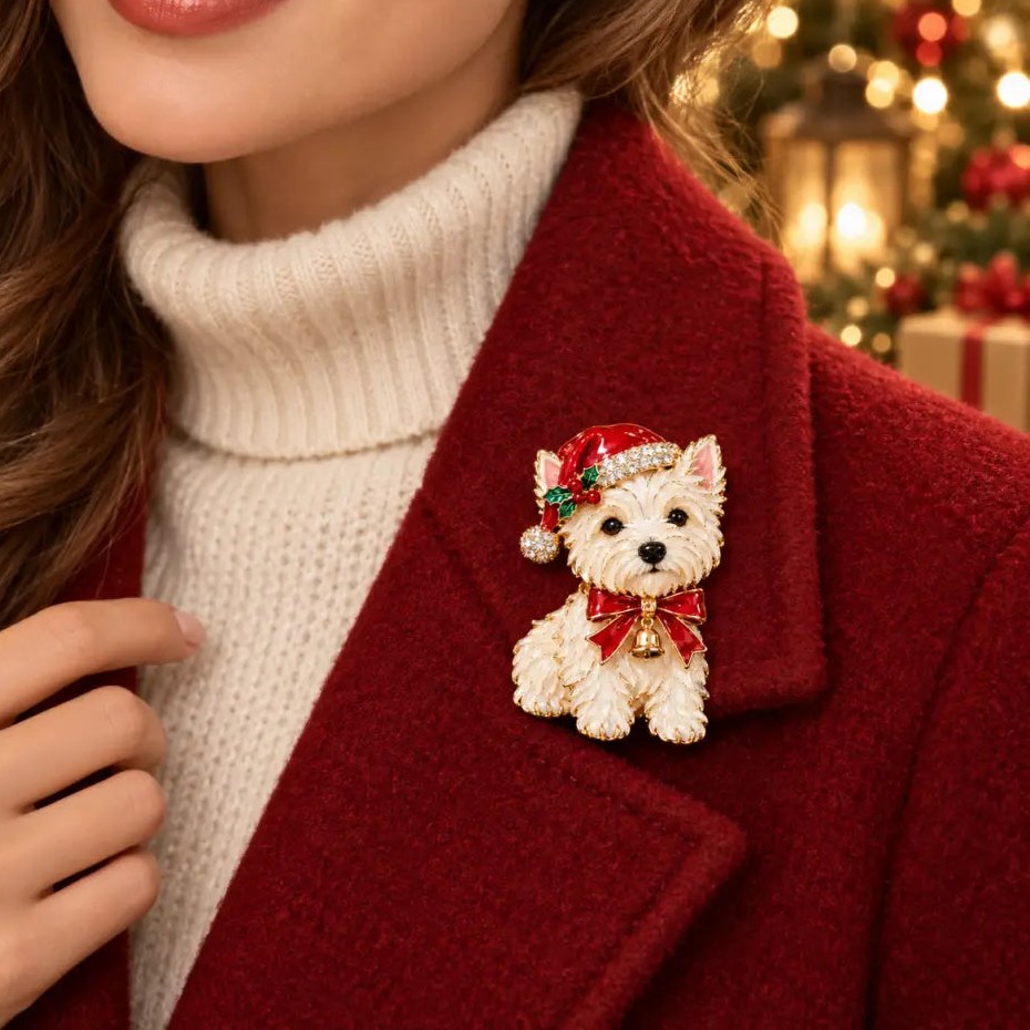 Christmas Westie or Yorkie Dog Brooch, Santa Hat Enamel Pin