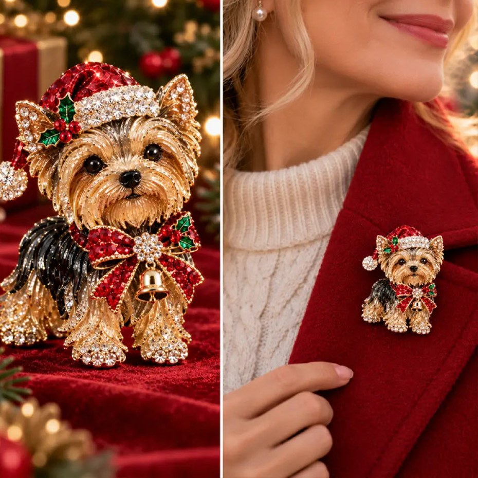 Christmas Westie or Yorkie Dog Brooch, Santa Hat Enamel Pin