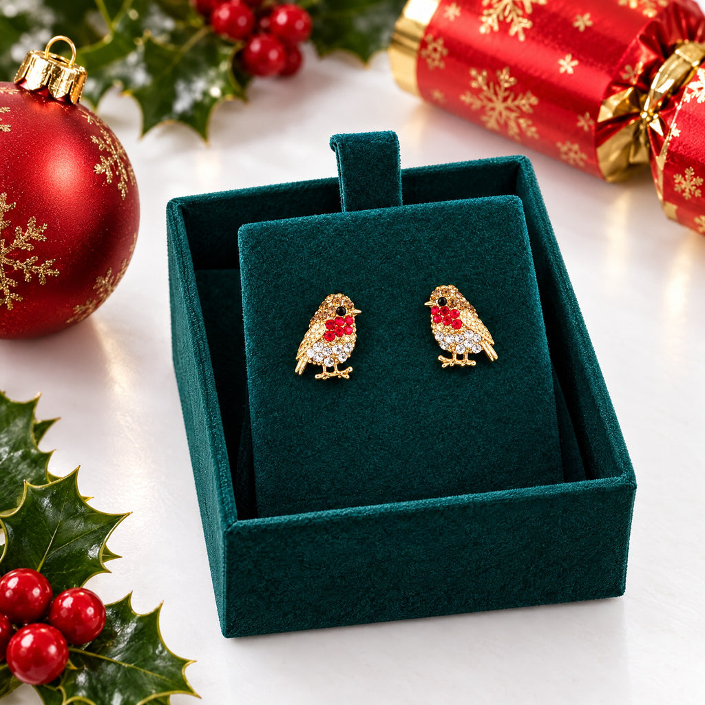 Crystal Robin Stud Earrings – Sparkly Christmas Gift for Her