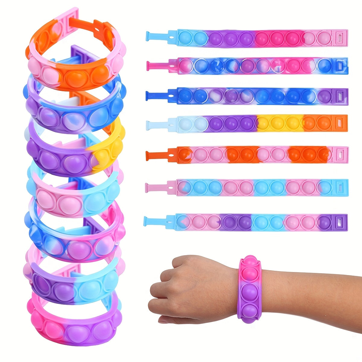 18 Push Bubble Fidget Bracelets, Adjustable Silicone Party Pack