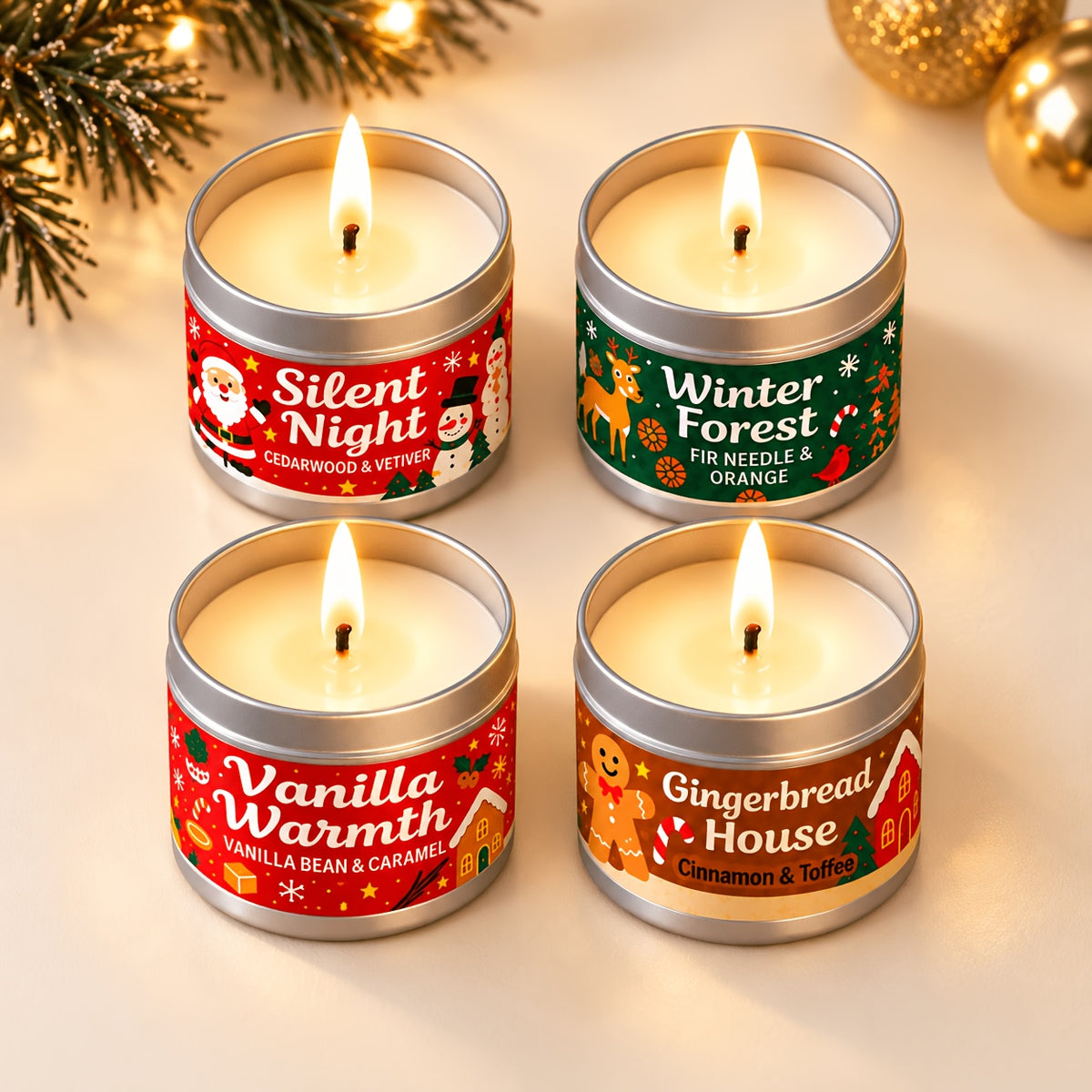 Christmas Scented Soy Candle Tins Gift Set of 4
