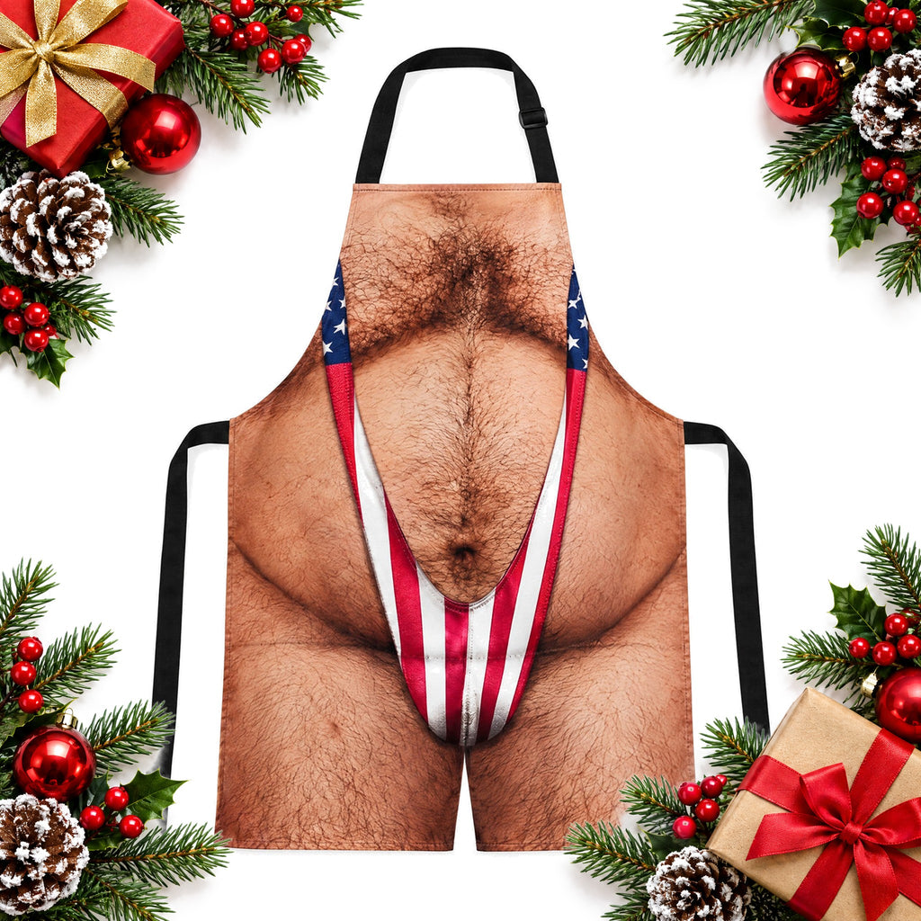 funny 3d hairy chest bbq apron with cheeky swimsuit print — Christmas stocking filler gift