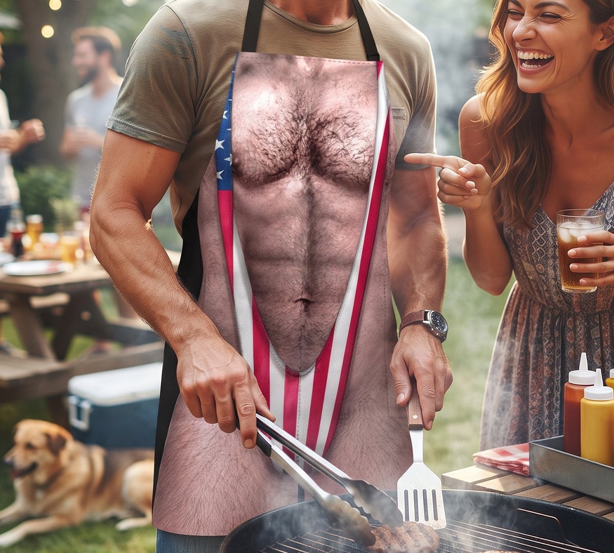 Funny 3D Hairy Chest BBQ Apron with Cheeky Swimsuit Print