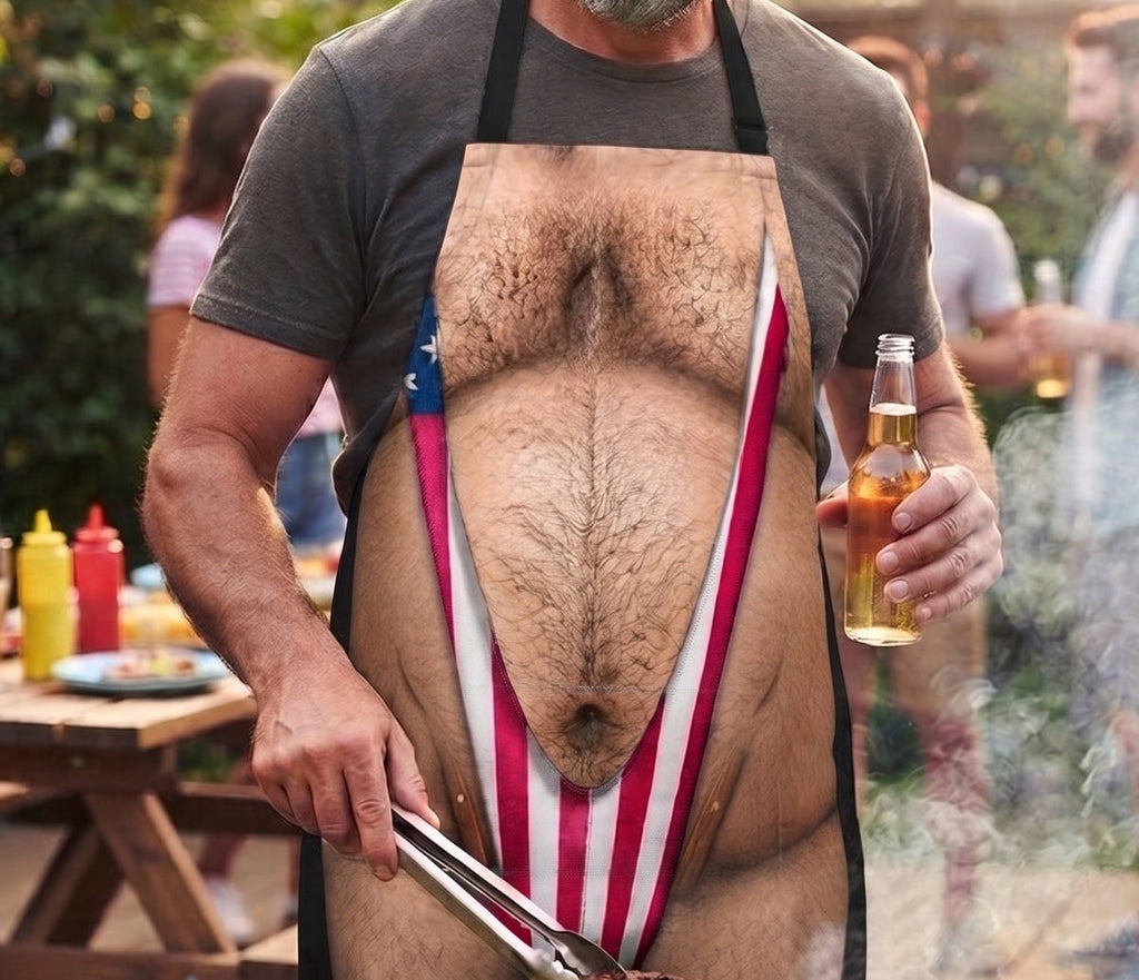 Funny 3D Hairy Chest BBQ Apron with Cheeky Swimsuit Print