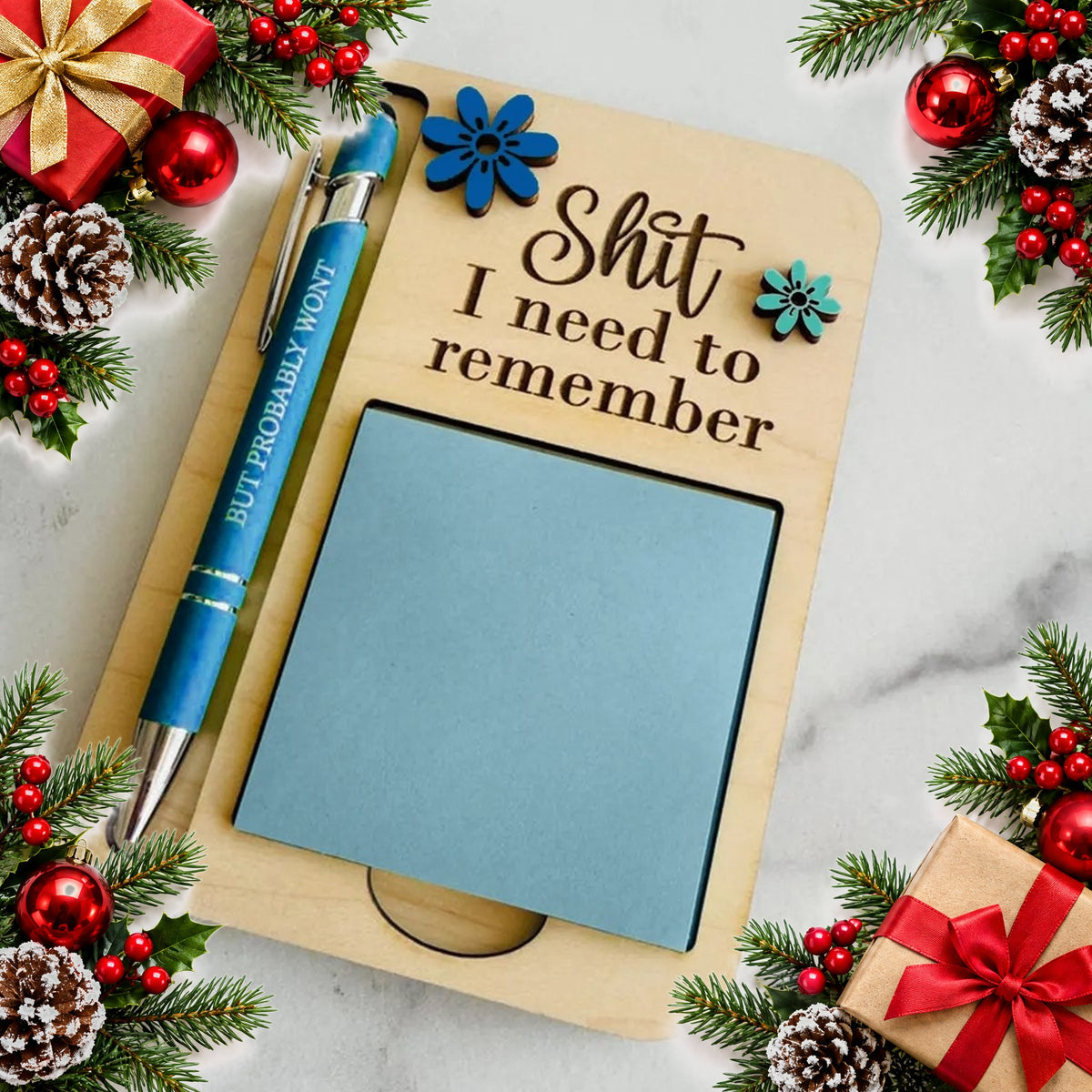 funny wooden sticky note holder with pen cheeky desk gift for work — Christmas stocking filler gift