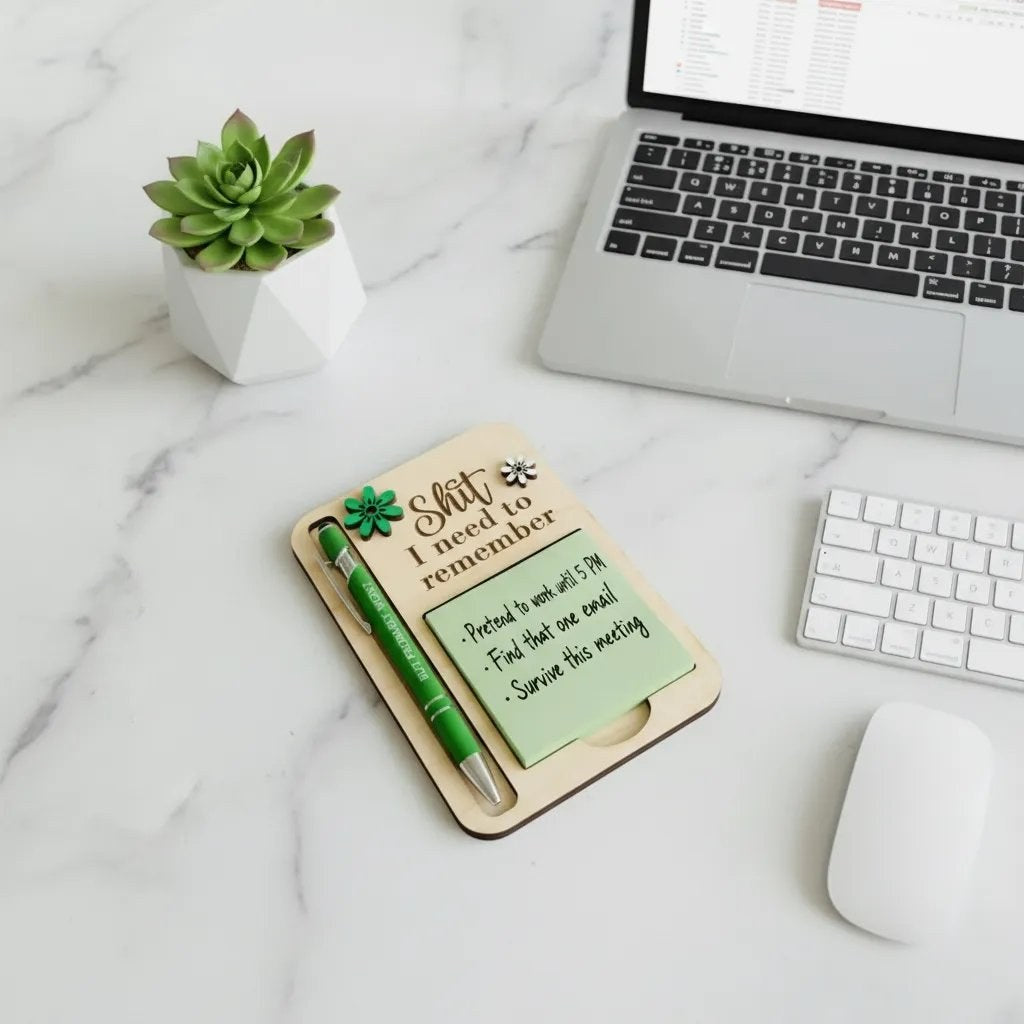 Funny Wooden Sticky Note Holder with Pen – Cheeky Desk Gift for Work