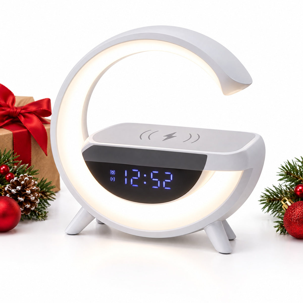 G-Shaped Night Light with Bluetooth Speaker, Clock and Wireless Charger
