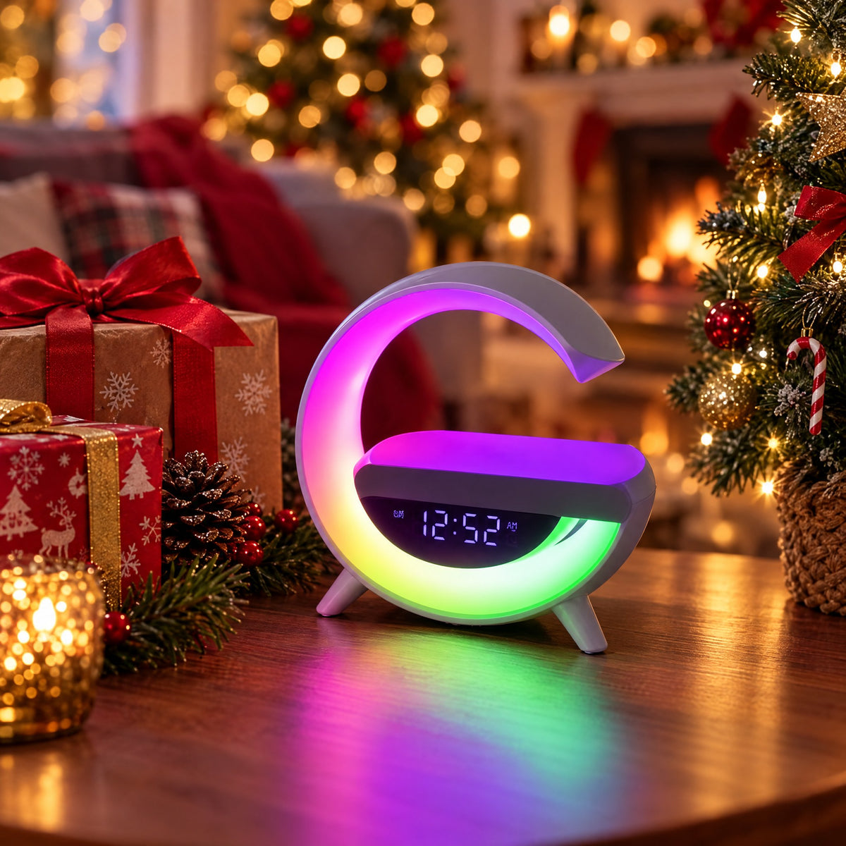 G-Shaped Night Light with Bluetooth Speaker, Clock and Wireless Charger