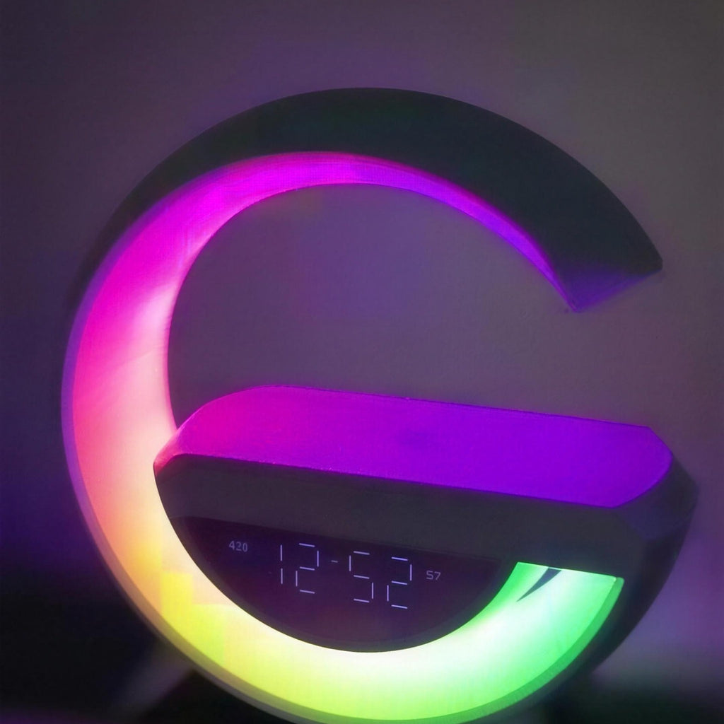 G-Shaped Night Light with Bluetooth Speaker, Clock and Wireless Charger