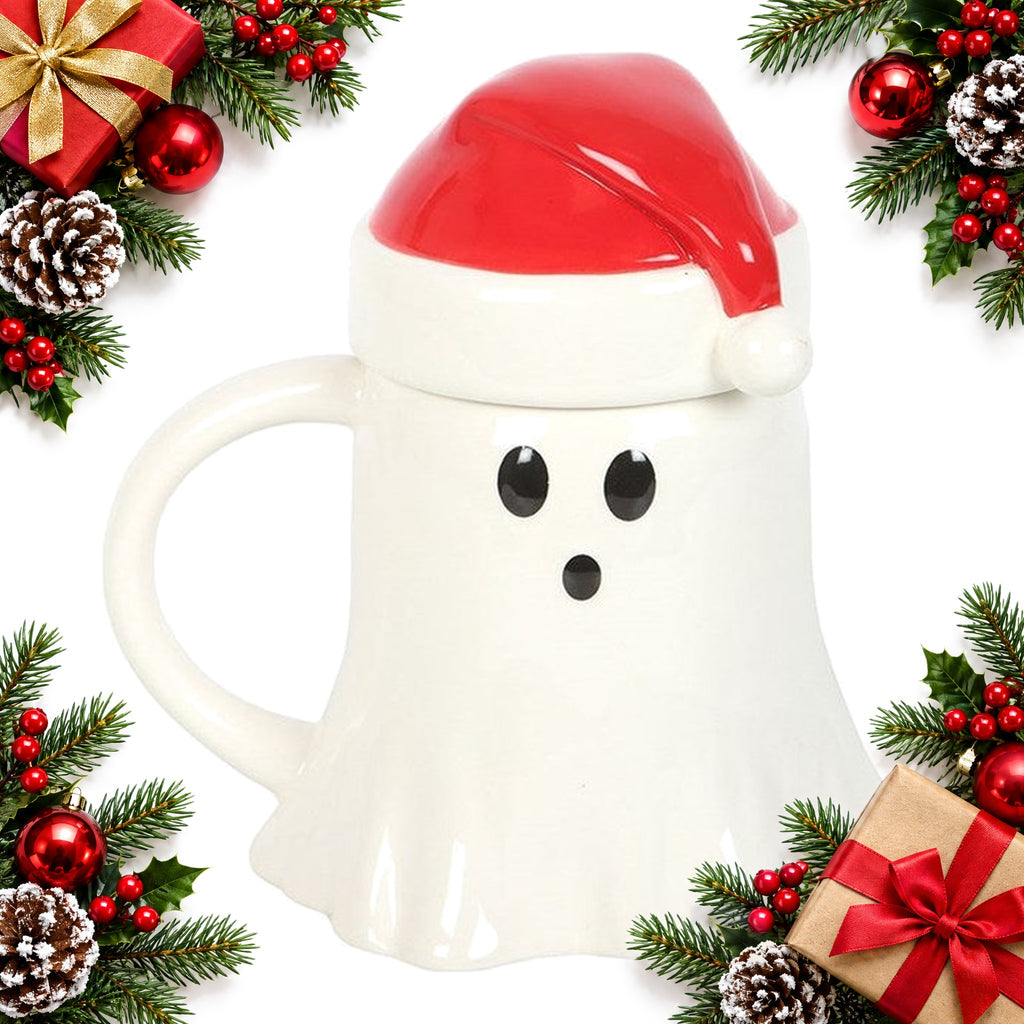 ghost shaped ceramic mug with santa hat lid 500ml festive cup — Christmas stocking filler gift