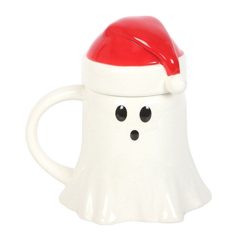 Ghost-Shaped Ceramic Mug with Santa Hat Lid, 500ml Festive Cup