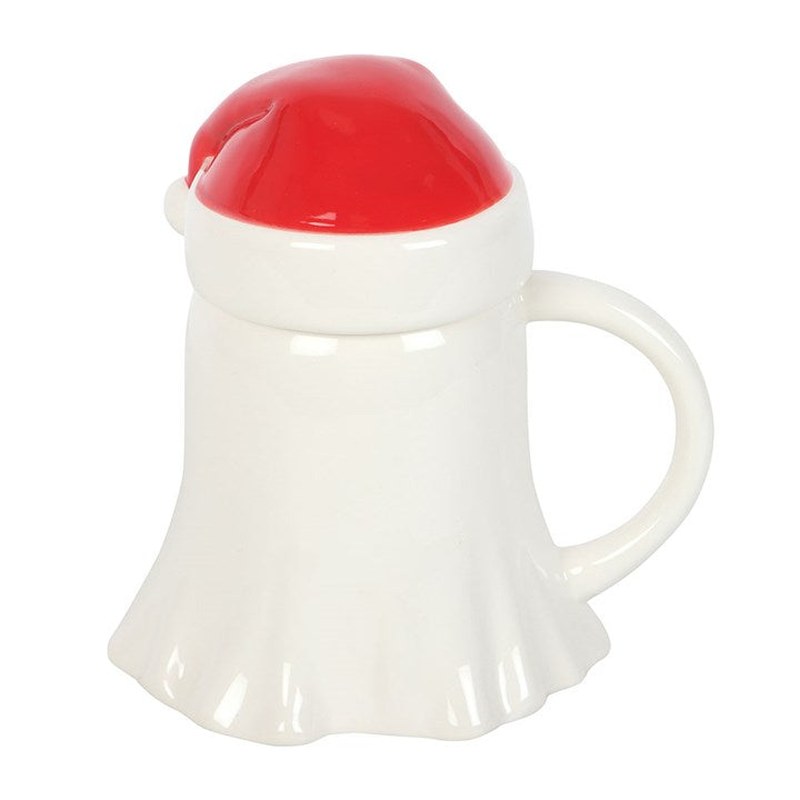 Ghost-Shaped Ceramic Mug with Santa Hat Lid, 500ml Festive Cup