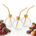 Glass Drinking Baubles with Gold Straws, Set of 3 – Festive Party Gift