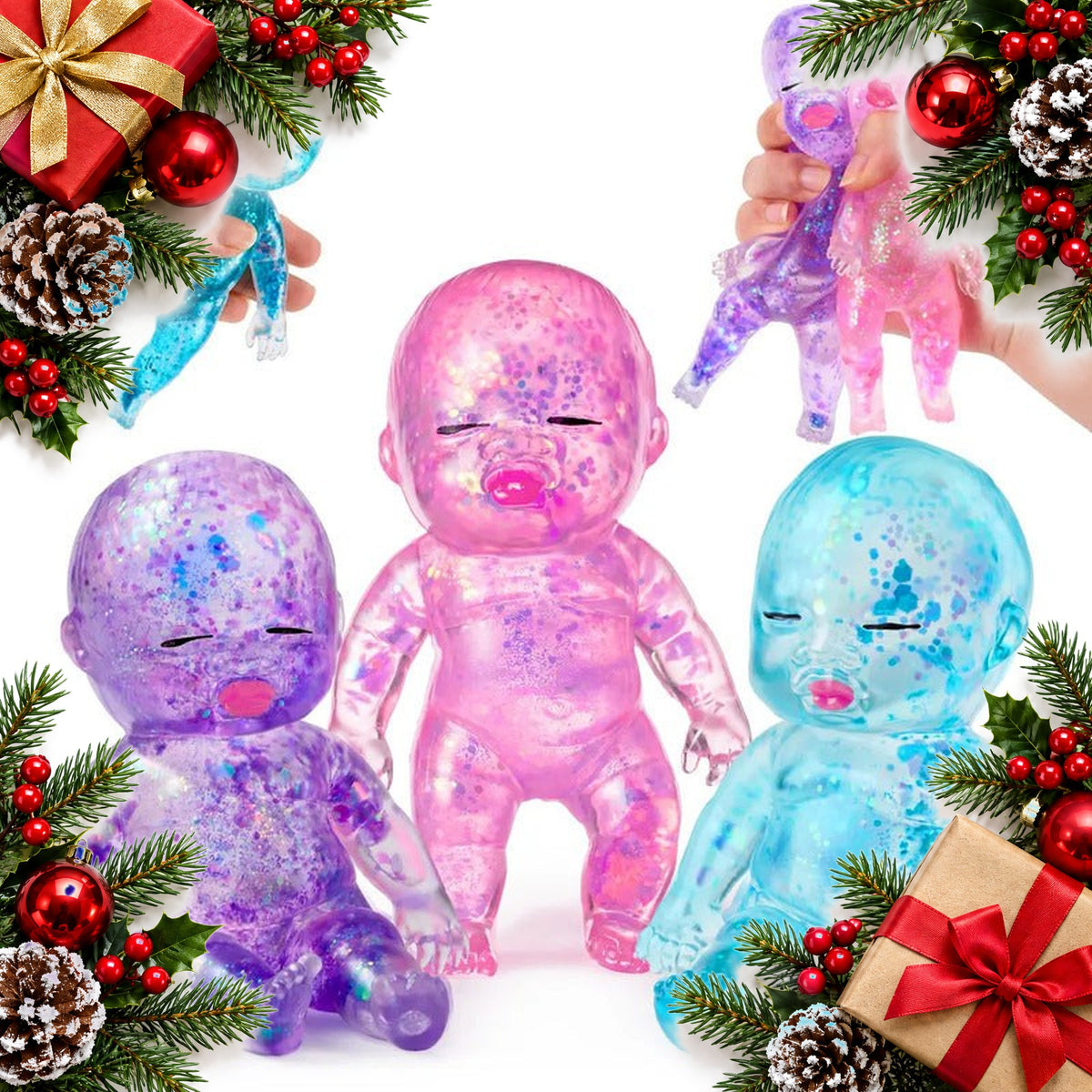glitter squishy baby dolls set of 3 slow rise squeeze toys — Christmas stocking filler gift