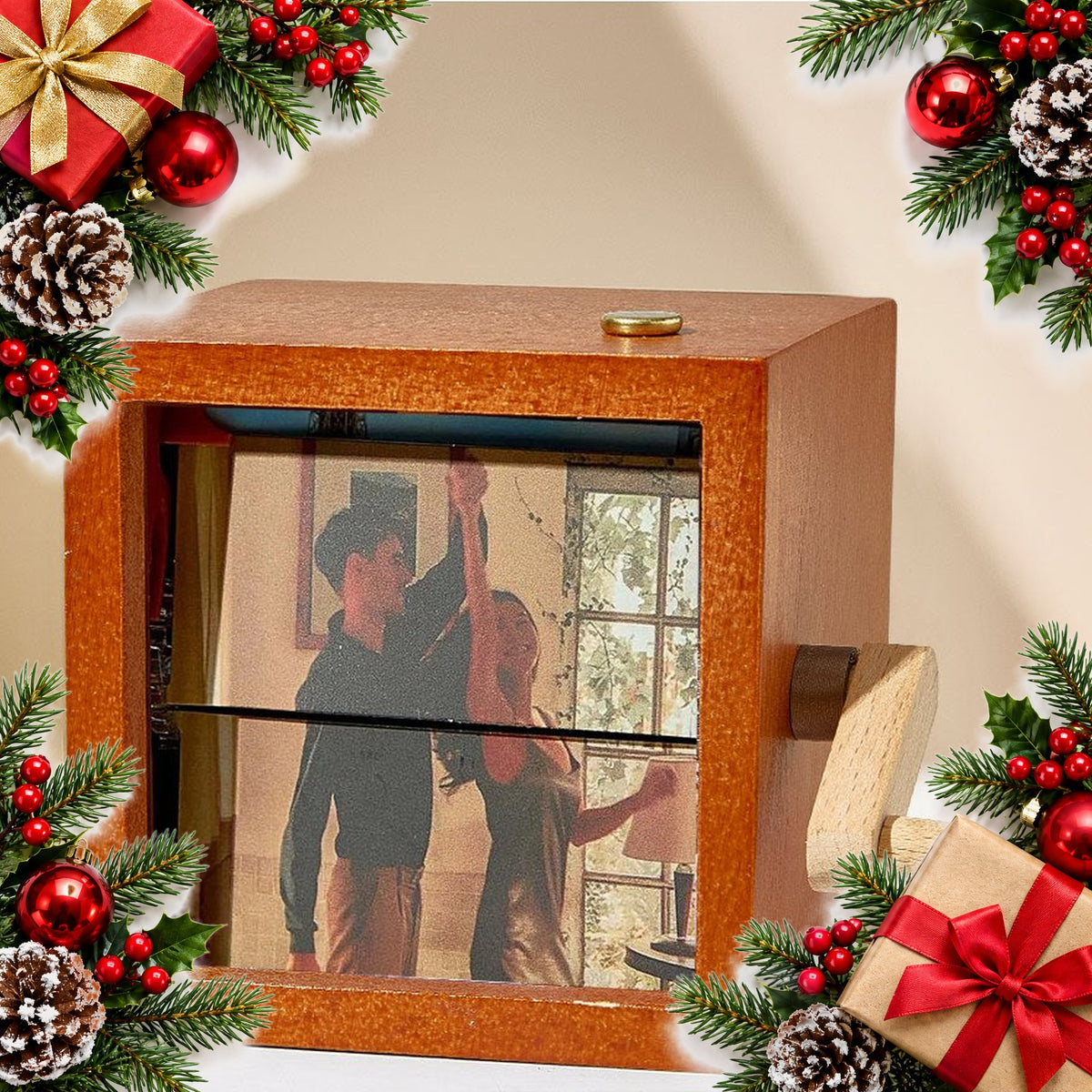 hand crank wooden photo flipbook box made with your photos — Christmas stocking filler gift