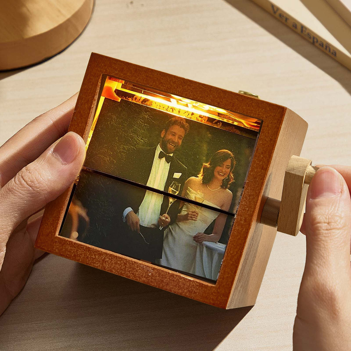 Hand-Crank Wooden Photo Flipbook Box Made With Your Photos