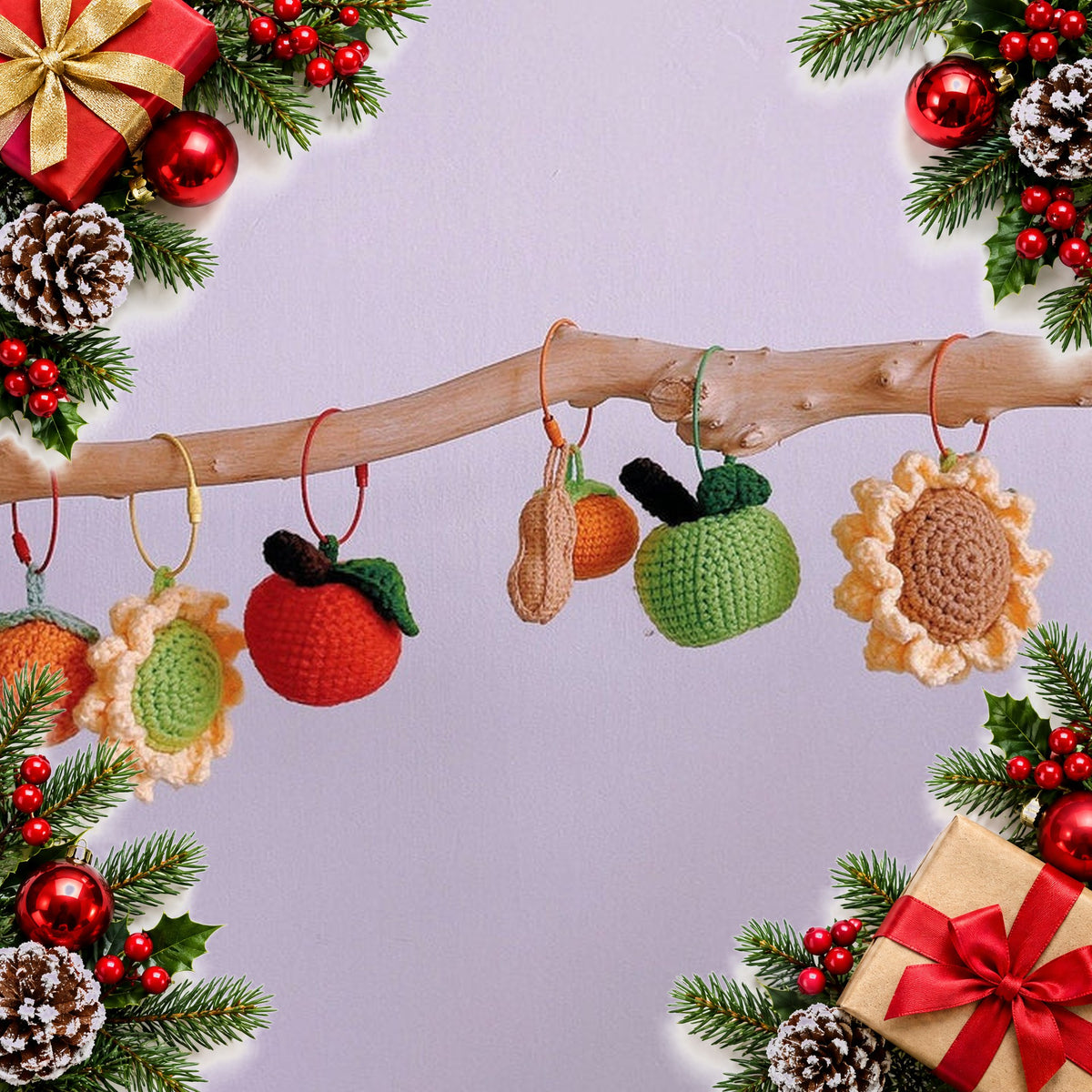 handmade crochet fruit and flower hanging ornament for the tree — Christmas stocking filler gift