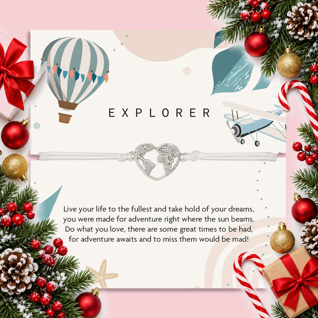 heart globe charm bracelet on explorer message card travel gift — Christmas stocking filler gift