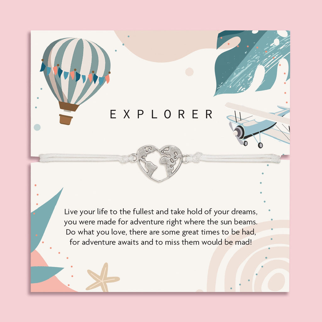 Heart Globe Charm Bracelet on Explorer Message Card, Travel Gift