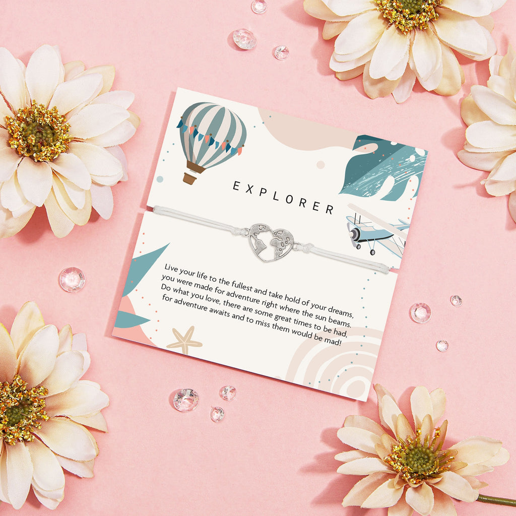 Heart Globe Charm Bracelet on Explorer Message Card, Travel Gift