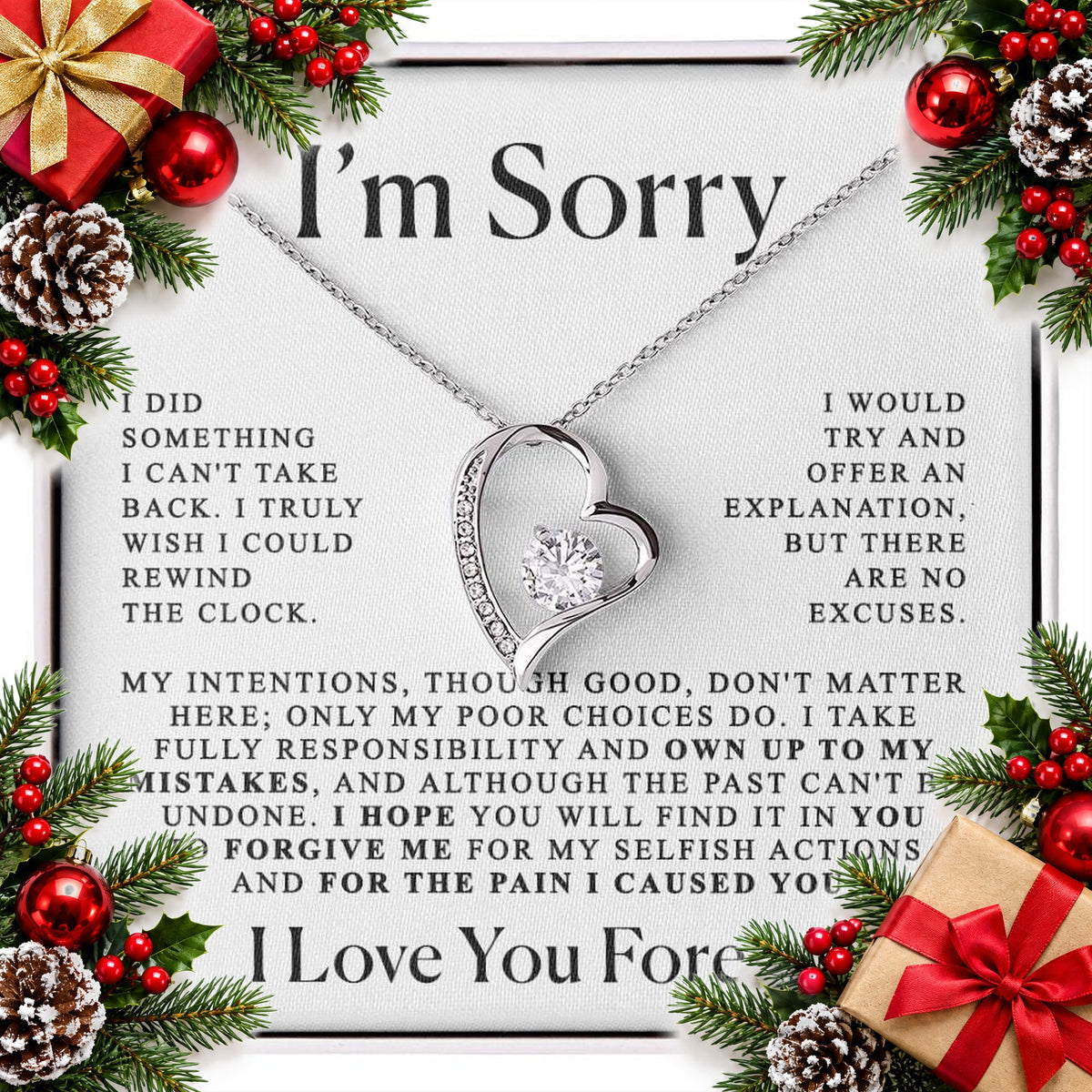 heart pendant necklace with im sorry message card in a gift box — Christmas stocking filler gift