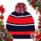 kids striped pom pom bobble hat in navy red and white ages 5 12 — Christmas stocking filler gift