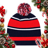 kids striped pom pom bobble hat in navy red and white ages 5 12 — Christmas stocking filler gift